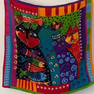Vintage Scarf Laurel Burch Abstract Colorful Print Cat Dog